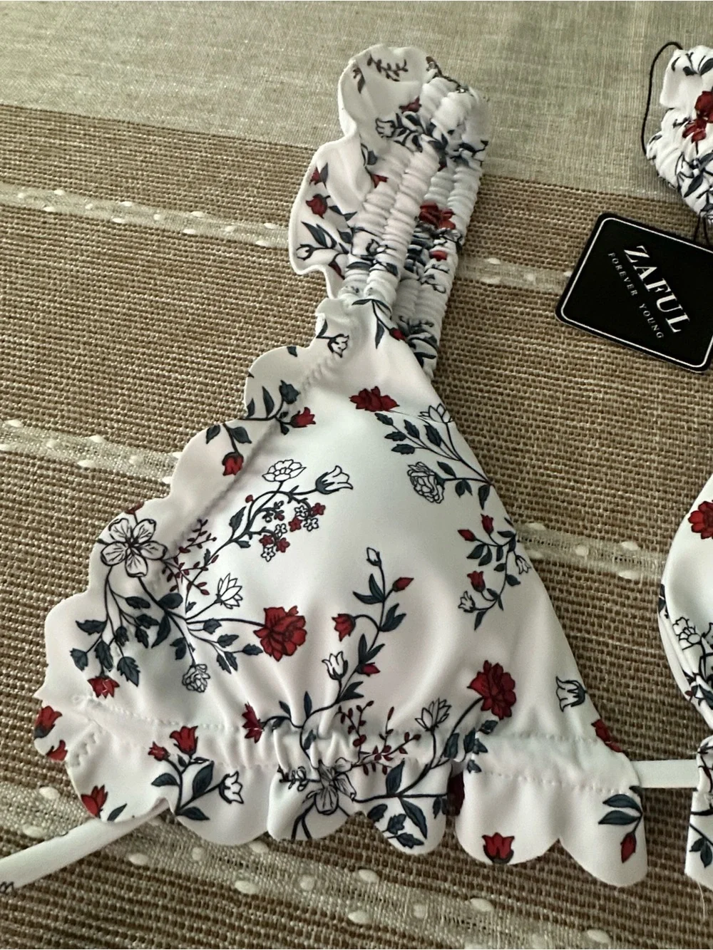 Zaful White Floral Ruffle Triangle Bikini with Red & Green Accents